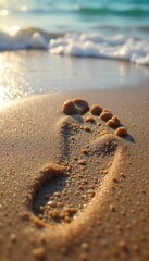 Lone Footprint in Wet Sand A Journeys Beginning, Waves Gently Washing Away the Past, Evoking a Sense of New Beginnings and Tranquility on a Peaceful Beach