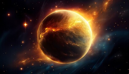Obraz premium glowing gold and fire planet in dark space with stars