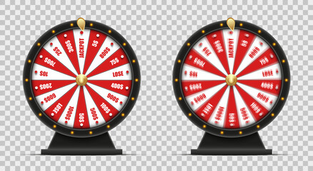 Realistic spinning prize wheel vector set with jackpot and cash prizes on transparent background