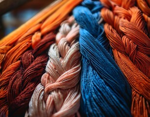 close up of vibrant threads woven on a traditional loom in warm orange and cool blue tones showing rich texture and craft
