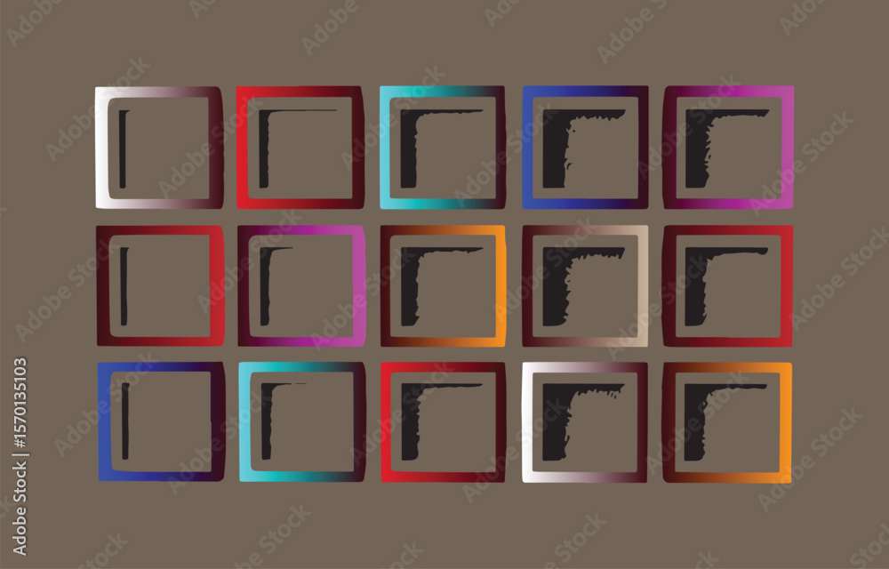 Poster a grid of squares with gradient colored borders and abstract black shapes inside them set against a 