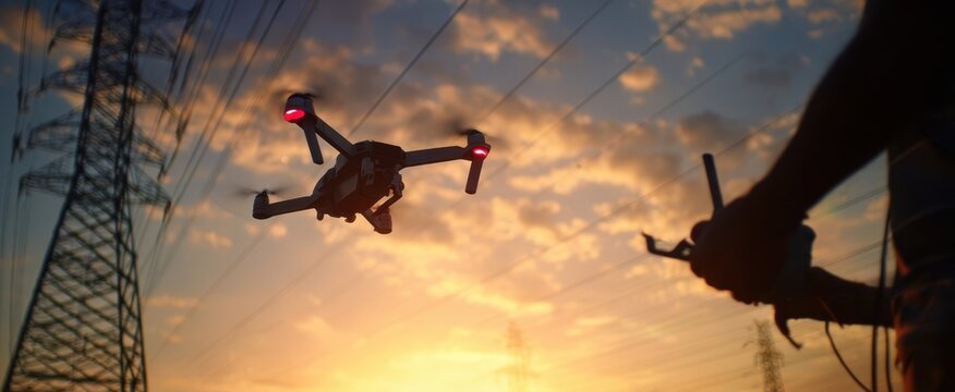 The drone soaring high during a vibrant sunset over powerlines