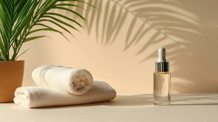 Spa setup with oil, towels, and plant under soft light for relaxation and self-care