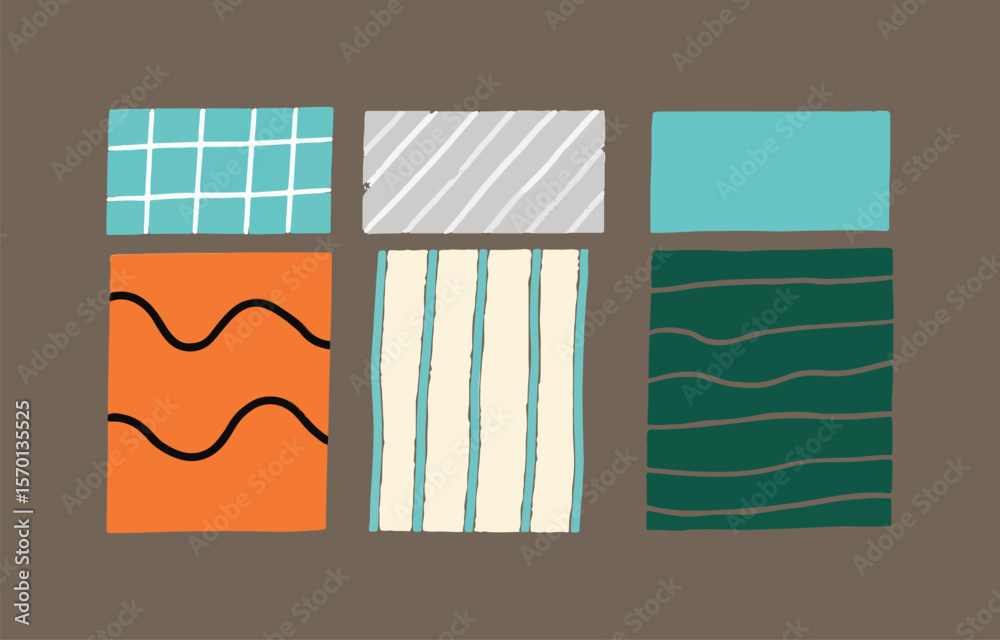 Poster a collection of six abstract geometric patterns in a grid layout featuring stripes waves and squares