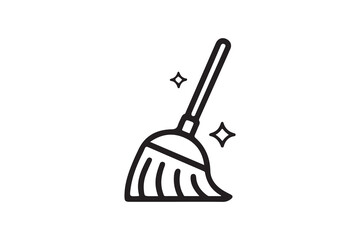 Simple Line Art Illustration of a Broomstick for Cleaning.A clean-line, black and white graphic of a broom, angled to the right, conveys a simple and effective image of cleaning.