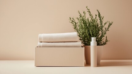 Soft towels and natural elements create a calming bathroom ambiance with a touch of greenery