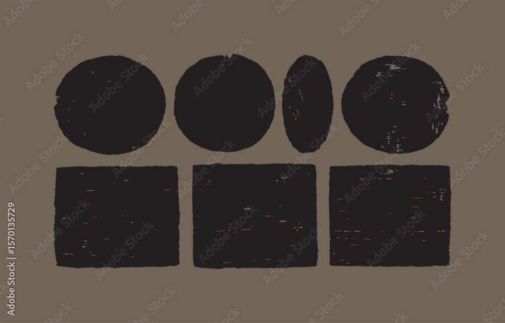 Poster abstract graphic design featuring a row of three textured black squares and a row of three textured 