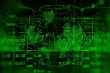 Global financial markets background with digital world map, rising stock market charts and economic data in green colors. Concept of economic growth, financial success and investment opportunities.