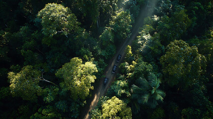 High-angle view of a forest road winding through lush green trees.