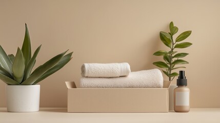 Soft towels and a plant arrangement create a serene spa atmosphere in a modern bathroom setting