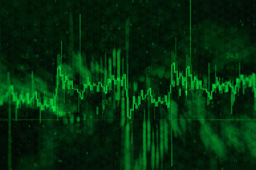 Dynamic financial background with green candlestick stock market chart, digital data, and binary code overlay. Concept for financial growth, positive stock market trends and investment success.