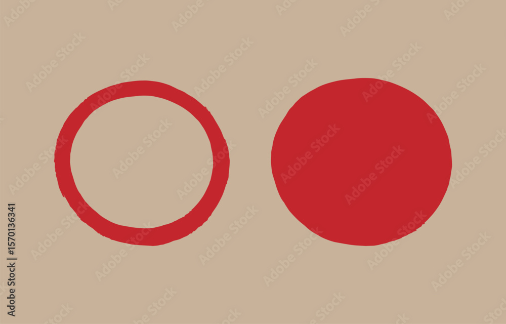 Poster two red circles one solid and one outlined are placed side by side on a neutral tan background creat