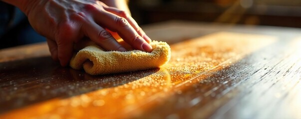 Polishing Wooden Furniture Close-up of a Cloth Buffing Rich Wood Grain to a High Shine in Sunlight