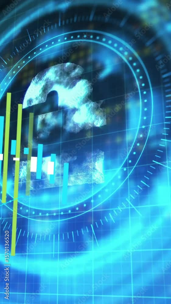 Poster animation of multiple graphs moving over pound sign in illuminating circles