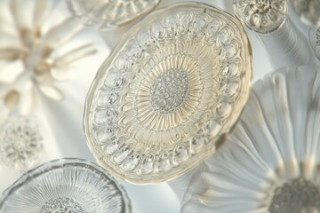 Intricate, floral-patterned glass objects create a beautiful, abstract composition.