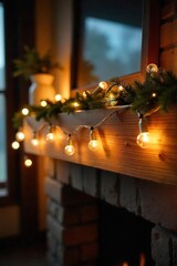 Warm String Lights Draped on Rustic Mantelpiece, Creating Cozy Holiday or Everyday Home Decor
