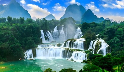 Waterfall flowing through rocky Yosemite mountain landscape in national park