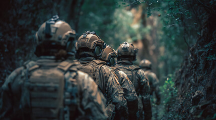 Fototapeta premium Soldiers in camouflage move silently through dense woodland, their mission shrouded in secrecy.