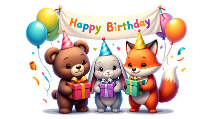 Obraz premium Cute Brown Bear Bunny and Fox Celebrate Birthday with Gifts Balloons and Banner rabbit