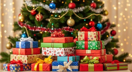 Colorful wrapped gifts under decorated christmas tree with lights