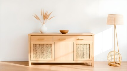 Obraz premium Living room interior wall mockup in minimalist Japandi style with caned console, wicker basket lamp and dried pampas grass in ceramic vase on empty warm white background. 3d rendering, 3d illustration