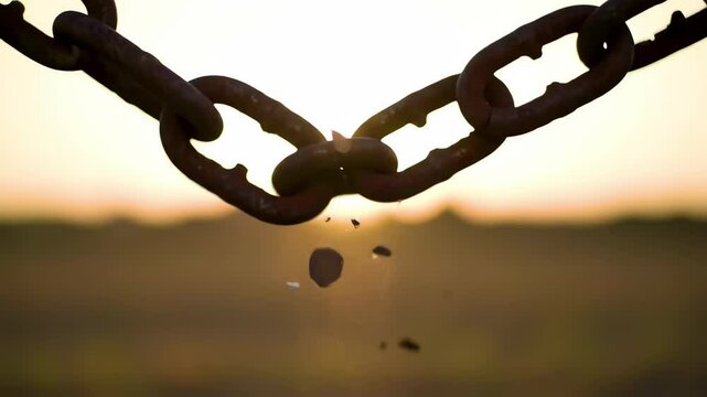 Close-Up of Rusty Chain Links with Dust Particles Against Sunset Sky