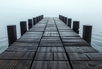 Obraz premium Pier into the Mist: A weathered wooden pier stretches out into a serene body of water shrouded in a delicate veil of mist. The timeless structure evokes a sense of calm, solitude, and contemplation.