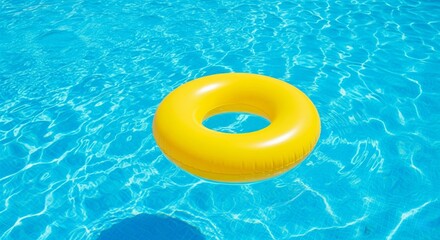 Yellow inflatable ring floating in clear blue pool water