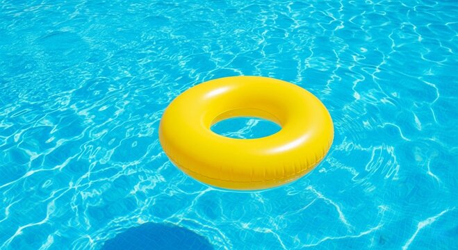 Yellow inflatable ring floating in clear blue pool water