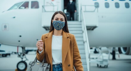 Young caucasian female traveler in stylish coat and face mask near airplane