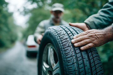 Two men exchange a car tire on a damp road, symbolizing teamwork, assistance, and overcoming unexpected challenges during travel.
