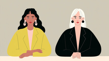 two business women wearing sitting at a table facing forward