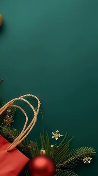 Festive composition featuring gift bags, ornaments, and greenery on a rich background. Ideal for holiday promotions and celebratory themes, with ample space for custom messages.","gift