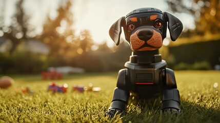 Robotic dog with AI behavior module playing with child in a backyard, sunny afternoon light, grass and toys scattered