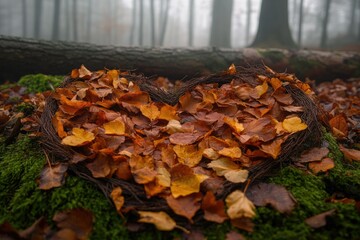 Heart-shaped nest filled with autumn leaves in a misty forest, serene and beautiful.