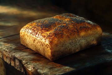 A rustic loaf of poppy seed bread sits on a dark wooden surface, bathed in warm sunlight.