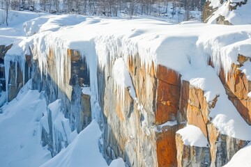 Snow-covered cliff face with numerous icicles hanging, showcasing a stunning winter landscape.