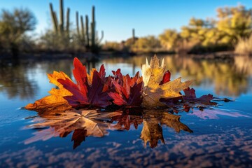 Autumn leaves float serenely on calm water, reflected beautifully, showcasing vibrant fall colors against a desert backdrop.