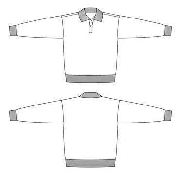 Vector fashion technical drawing of a long sleeved polo sweater with front and back view. Two buttons at the placket. Rib at collar, cuff, and bottom part. Knit fabric.