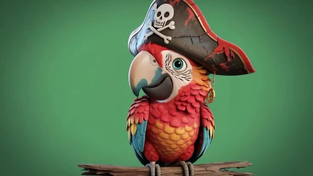 A delightful parrot pirate with vibrant feathers perched on a branch against green backdrop showcasing cartoonish design.