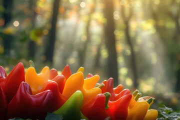 A cluster of vibrant red, orange, and yellow mini bell peppers sits in a sun-dappled forest.