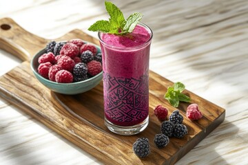 Refreshing berry smoothie in a patterned glass, garnished with mint and surrounded by fresh berries.