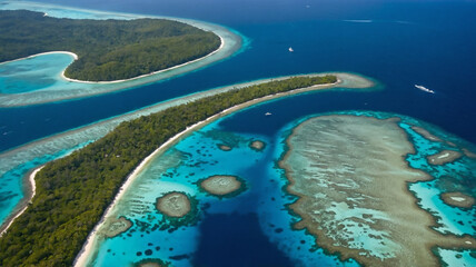 Fototapeta premium Aerial view tropical beach island reef caribbean sea. Indonesia Moluccas archipelago, Banda Islands, Pulau Ay. Top travel tourist destination, best diving
