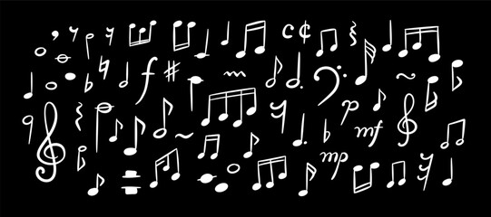 Music school blackboard. Handwriting musical notes, keys and symbols. Childish white crayon scribbles on the chalkboard. Hand drawn conservatory background. Piano concert poste