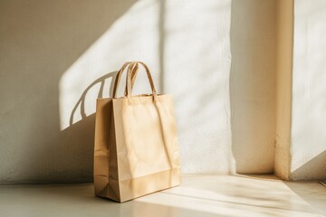 A simple kraft paper shopping bag sits on a sunlit floor against a textured wall.