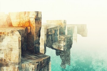 Abstract, surreal landscape of stone cliffs floating above a misty, turquoise sea.