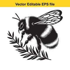 Monochrome Illustration of a Bee on a Branch Vector Graphic with Intricate Details for Nature Inspired Designs