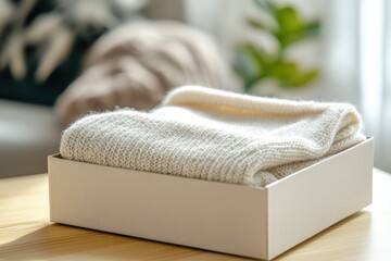 A cream-colored knitted sweater gently folded inside a beige gift box on a wooden table.