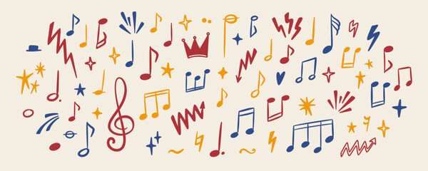 Hand drawn doodle music note background. Sketch vector illustration. Sound, magic, burst manga effect. Classic music, rock festival, punk concert poster. Kid drawing, crayon scribbles