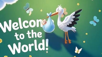 Adorable stork delivering a newborn baby with butterflies and flowers background for baby showers